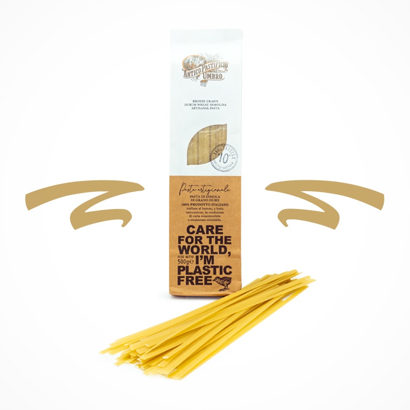 Original italienische Tagliatelle aus Umbrien, traditionell hergestellt - bronzegezogen und langsam getrocknet, so erhält sie eine perfekte Struktur.