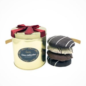 Gebäckdose Gold mit roter Schleife, gefüllt mit OMIS Lebkuchen 4er MIX